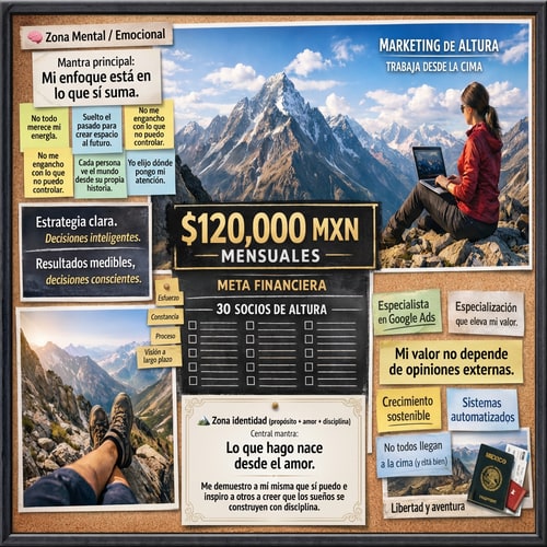 AI Design for EDITA ESTA IMAGEN CON LAS SIGUIENTES AJUSTES: Perfecto 💎
Aquí voy a hacer lo que realmente eleva tu Vision Board:
no voy a pegar el texto tal cual (porque nace del dolor y del pasado), sino transformarlo en mantras de identidad, poderosos, limpios y alineados con la versión de ti que ya está en la cima.
👉 La energía cambia sin perder el mensaje.
1️⃣ MANTRAS DE LÍMITES Y ENFOQUE
(reemplazan el texto largo sobre haters, pasado y opiniones ajenas)
Te propongo este bloque resumido y elevado para tu vision board:
🧠 Mantra principal
“Mi enfoque está en lo que sí suma.”
Frases de apoyo (pueden ir en cuadros pequeños o post-its):
No todo merece mi energía.
Suelto el pasado para crear espacio al futuro.
No me engancho con lo que no puedo controlar.
Cada persona ve el mundo desde su propia historia.
Yo elijo dónde pongo mi atención.
📌 Esto hace exactamente lo que quieres:
protege tu paz sin seguir mirando a los haters.
2️⃣ MANTRA DE MADUREZ EMOCIONAL (muy poderoso)
En lugar de hablar de “gente estúpida” (que es real, pero te baja vibración), usa esto:
“Mi valor no depende de opiniones externas.”
Opcionales para acompañar:
La crítica no define mi camino.
Mi crecimiento no necesita aprobación.
Avanzo sin explicarme.
👉 Esto te posiciona como alguien segura, centrada y profesional
(el tipo de persona con la que los clientes premium quieren trabajar).
3️⃣ MANTRA DE PROPÓSITO (ESTE ES CLAVE)
Tu segundo texto es hermoso 💖, solo necesita estructura para que funcione como ancla diaria.
Mantra central (ponlo destacado):
“Lo que hago nace desde el amor.”
Complementos:
Me demuestro a mí misma que sí puedo.
Mi camino inspira a otros a creer.
Los sueños sí se construyen con disciplina.
✨ Este bloque conecta perfecto con:
Montaña
Marketing
Autoridad
Inspiración real (no motivación vacía)
4️⃣ CÓMO INTEGRARLO VISUALMENTE (importante)
Te recomiendo NO meter todo en un solo cuadro.
Distribución ideal:
🧠 Zona mental / emocional (mantras de enfoque)
🏔 Zona identidad (propósito + amor + disciplina)
💼 Zona negocio (Google Ads, socios, ingresos)
Ejemplo visual:
Post-its pequeños → límites y enfoque
Tarjeta elegante → propósito
Texto limpio → identidad profesional
Mi valor no depende de opiniones externas.
Lo que hago nace desde el amor.
Me demuestro a mí misma que sí puedo
e inspiro a otros a creer que los sueños
se construyen con disciplina.