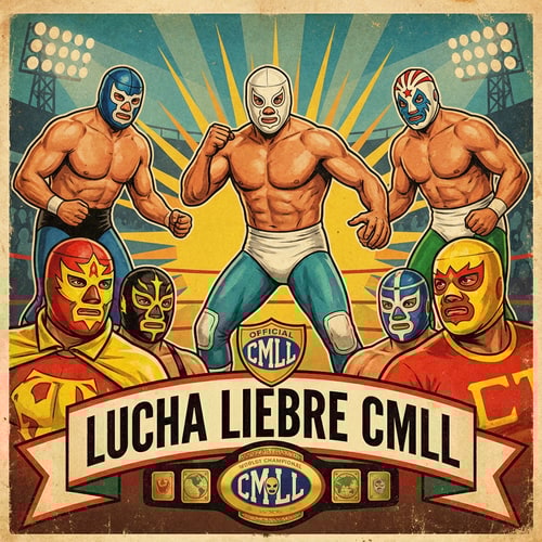 AI Design for haz un diseño retro de la lucha libre mexicana inspirate en este cartes pero al estillo cmll
