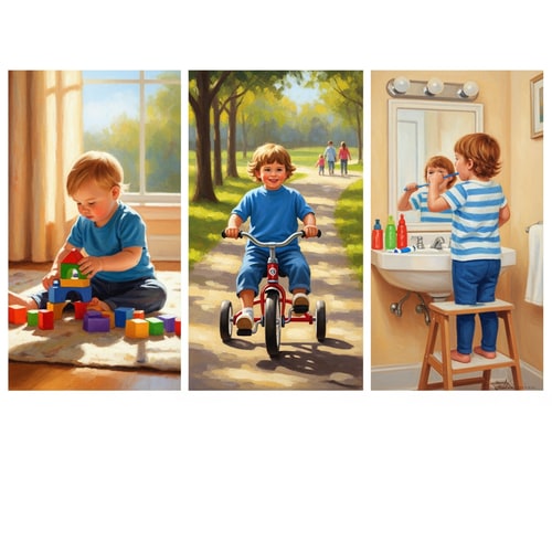 AI Design for , ציורים של ילדים בני שנתיים משחקים, נוסעים באופניים, , מצחצחים שיניים