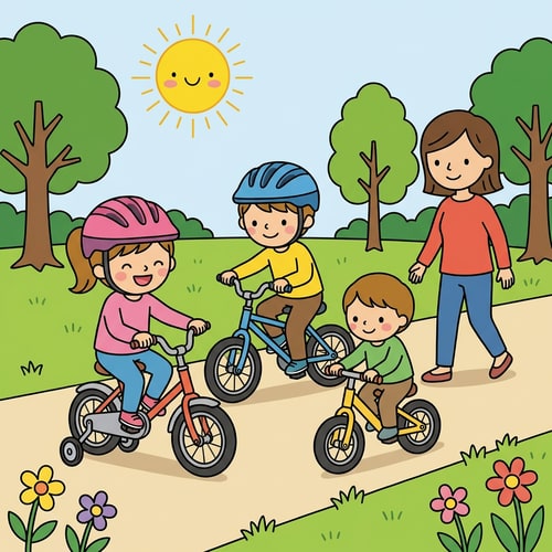 AI Design for Match the style of the reference image and create: ציורים של ילדים רוכבים באופניים