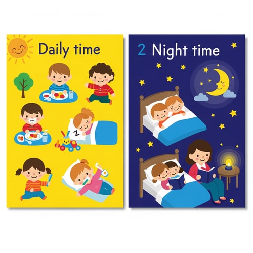 AI Design for ציורים לילדים שני שנתיים של פעולות שעושים ביום ופעולות שעושים בלילה