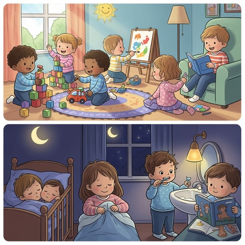 AI Design for ציורים לילדים שני שנתיים של פעולות שעושים ביום ופעולות שעושים בלילה