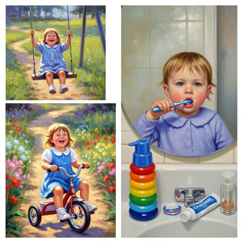 AI Design for , ציורים של ילדים בני שנתיים משחקים, נוסעים באופניים, , מצחצחים שיניים