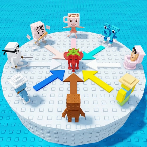 AI Design for replace these penguins with these characters, ensure the characters are sized down and positioned 1:1 with how the penguins are currently facing, ensure there are no duplicate characters used or warped appearances, shrink them down to make them fit as how the penguins currently fit