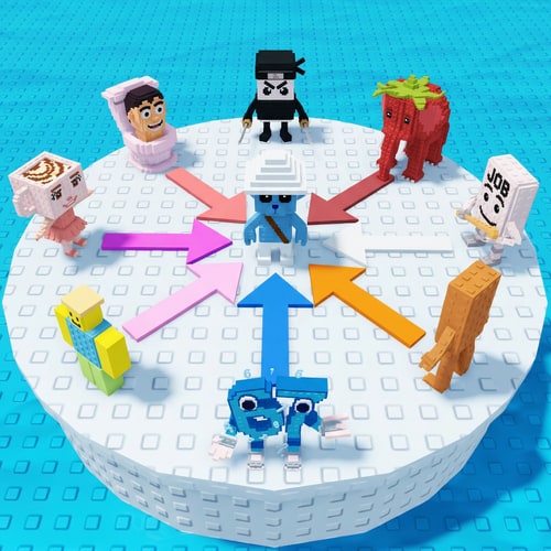 AI Design for replace these penguins with these characters, ensure the characters are sized down and positioned 1:1 with how the penguins are currently facing, ensure there are no duplicate characters used or warped appearances, shrink them down to make them fit as how the penguins currently fit