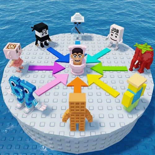 AI Design for replace these penguins with these characters, ensure the characters are sized down and positioned 1:1 with how the penguins are currently facing, ensure there are no duplicate characters used or warped appearances, shrink them down to make them fit as how the penguins currently fit