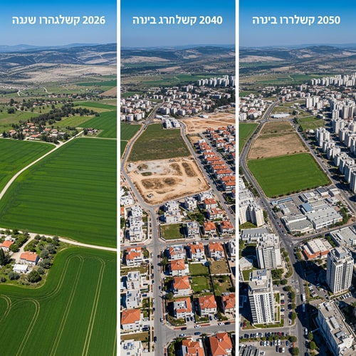 AI Design for A triptych documenting the progressive reduction of a fertile agricultural field in Israel across the years 2026, 2040, and 2050 — Three equal vertical panels arranged side-by-side in a horizontal layout, featuring a consistent high-angle drone perspective to highlight the shifting land use. — Transitions from vibrant, lush greens in the first panel to dusty earth tones and gray concrete infrastructure in the subsequent panels. — Uniform, bright midday sun with clear skies to provide clinical clarity for a geographic study. — Photorealistic aerial photography with sharp details and a clean, documentary aesthetic for an educational presentation. — The green agricultural field must shrink progressively, being largest in 2026, reduced by half by encroaching houses in 2040, and appearing as a minimal remnant surrounded by urban development in 2050; the first panel must include the text "שדה בישראל בשנת 2026", the second panel "שדה בישראל בשנת 2040", and the third panel "שדה בשנת 2050"; keep text/logos/labels EXACTLY unchanged; no rewriting, redrawing, correcting, or adding any text. — A rural Israeli landscape with Mediterranean vegetation and rolling limestone hills in the distance.ike from each years the field get smaller and in the space without the field will be houses please write corcly at the titles