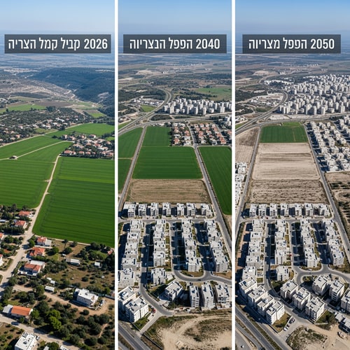 AI Design for A triptych documenting the progressive reduction of a fertile agricultural field in Israel across the years 2026, 2040, and 2050 — Three equal vertical panels arranged side-by-side in a horizontal layout, featuring a consistent high-angle drone perspective to highlight the shifting land use. — Transitions from vibrant, lush greens in the first panel to dusty earth tones and gray concrete infrastructure in the subsequent panels. — Uniform, bright midday sun with clear skies to provide clinical clarity for a geographic study. — Photorealistic aerial photography with sharp details and a clean, documentary aesthetic for an educational presentation. — The green agricultural field must shrink progressively, being largest in 2026, reduced by half by encroaching houses in 2040, and appearing as a minimal remnant surrounded by urban development in 2050; the first panel must include the text "שדה בישראל בשנת 2026", the second panel "שדה בישראל בשנת 2040", and the third panel "שדה בשנת 2050"; keep text/logos/labels EXACTLY unchanged; no rewriting, redrawing, correcting, or adding any text. — A rural Israeli landscape with Mediterranean vegetation and rolling limestone hills in the distance.ike from each years the field get smaller and in the space without the field will be houses