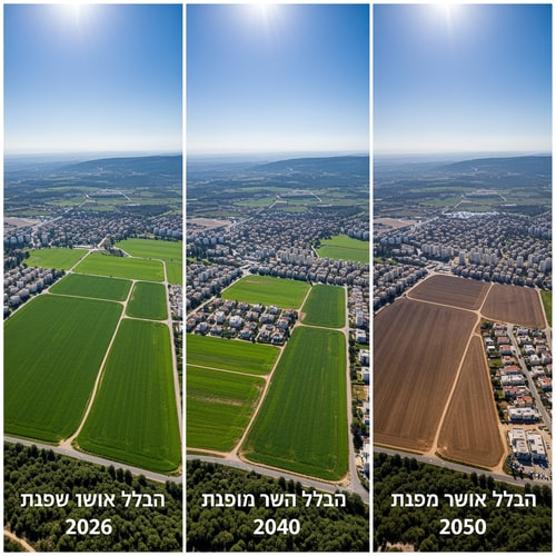 AI Design for A triptych showing the progressive reduction of an agricultural field in Israel across three different years: 2026, 2040, and 2050 — Three equal vertical panels arranged side-by-side in a horizontal layout, using a consistent high-angle drone perspective to highlight the shrinking surface area of the crops. — Vibrant greens for the expansive field in the first panel, transitioning to more earth tones and encroaching infrastructure in the subsequent panels. — Uniform, bright midday sun with clear skies to ensure the geographic changes are the primary focus. — Photorealistic aerial photography for an educational geography presentation. — The green field must be largest in 2026, אולי תחליף את השדה בבתיםmedium-sized in 2040, and smallest in 2050; the first panel must include the text "שדה בישראל בשנת 2026", the second panel "שדה בישראל בשנת 2040", and the third panel "שדה בשנת 2050"; keep text/logos/labels EXACTLY unchanged; no rewriting, redrawing, correcting, or adding any text. — A typical Israeli rural landscape featuring Mediterranean vegetation and rolling hills in the distance.