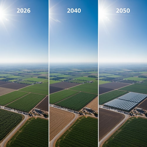 AI Design for A triptych documenting the progressive reduction of a fertile agricultural field in Israel across the years 2026, 2040, and 2050 — Three equal vertical panels arranged side-by-side in a horizontal layout, featuring a consistent high-angle drone perspective to highlight the shifting land use. — Transitions from vibrant, lush greens in the first panel to dusty earth tones and gray concrete infrastructure in the subsequent panels. — Uniform, bright midday sun with clear skies to provide clinical clarity for a geographic study. — Photorealistic aerial photography with sharp details and a clean, documentary aesthetic for an educational presentation. — The green agricultural field must shrink progressively, being largest in 2026, reduced by half by encroaching houses in 2040, and appearing as a minimal remnant surrounded by urban development in 2050; the first panel must include the text "שדה בישראל בשנת 2026", the second panel "שדה בישראל בשנת 2040", and the third panel "שדה בשנת 2050"; keep text/logos/labels EXACTLY unchanged; no rewriting, redrawing, correcting, or adding any text. — A rural Israeli landscape with Mediterranean vegetation and rolling limestone hills in the distance.ike from each years the field get smaller and in the space without the field will be houses please write corcly at the titles תכתוב שדהבישראלבשנת 2026
