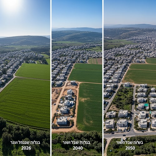 AI Design for A triptych documenting the progressive reduction of a fertile agricultural field in Israel across the years 2026, 2040, and 2050 — Three equal vertical panels arranged side-by-side in a horizontal layout, featuring a consistent high-angle drone perspective to highlight the shifting land use. — Transitions from vibrant, lush greens in the first panel to dusty earth tones and gray concrete infrastructure in the subsequent panels. — Uniform, bright midday sun with clear skies to provide clinical clarity for a geographic study. — Photorealistic aerial photography with sharp details and a clean, documentary aesthetic for an educational presentation. — The green agricultural field must shrink progressively, being largest in 2026, reduced by half by encroaching houses in 2040, and appearing as a minimal remnant surrounded by urban development in 2050; the first panel must include the text "שדה בישראל בשנת 2026", the second panel "שדה בישראל בשנת 2040", and the third panel "שדה בשנת 2050"; keep text/logos/labels EXACTLY unchanged; no rewriting, redrawing, correcting, or adding any text. — A rural Israeli landscape with Mediterranean vegetation and rolling limestone hills in the distance.ike from each years the field get smaller and in the space without the field will be houses