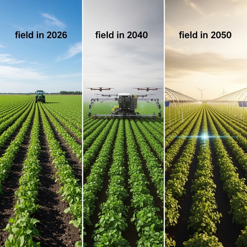 AI Design for i want  the  text  in the first field to be : "field in 2026", the second fild shoud be: "field in 2040" and the fird should be: "fieldin 2050"