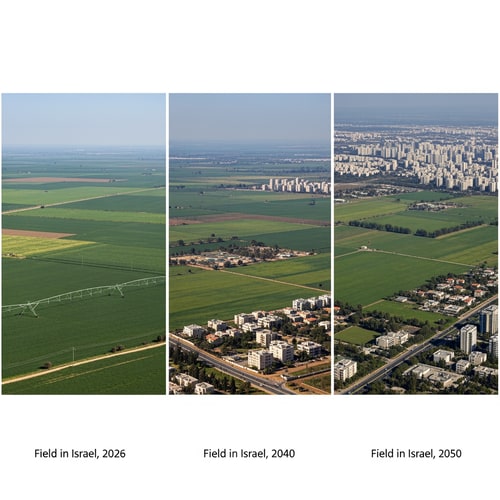 AI Design for יש לי עבודה בגאוגרפיה אני צריך שתיצור לי שלוש תמונות אחד ליד השני בתמונה הראשונב ביב כתוב שדה בישראל בשנת 2026 ובדה השני תכתוב שדה בישראל בשת 2040 ובתמונההשלישיתתכתוב שדה בשנת 2050ובכל שנה תעשה את השדה יותר כתן כך ש2026 הוא הכי גדול