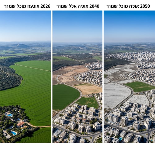 AI Design for A triptych documenting the progressive reduction of a fertile agricultural field in Israel across the years 2026, 2040, and 2050 — Three equal vertical panels arranged side-by-side in a horizontal layout, featuring a consistent high-angle drone perspective to highlight the shifting land use. — Transitions from vibrant, lush greens in the first panel to dusty earth tones and gray concrete infrastructure in the subsequent panels. — Uniform, bright midday sun with clear skies to provide clinical clarity for a geographic study. — Photorealistic aerial photography with sharp details and a clean, documentary aesthetic for an educational presentation. — The green agricultural field must shrink progressively, being largest in 2026, reduced by half by encroaching houses in 2040, and appearing as a minimal remnant surrounded by urban development in 2050; the first panel must include the text "שדה בישראל בשנת 2026", the second panel "שדה בישראל בשנת 2040", and the third panel "שדה בשנת 2050"; keep text/logos/labels EXACTLY unchanged; no rewriting, redrawing, correcting, or adding any text. — A rural Israeli landscape with Mediterranean vegetation and rolling limestone hills in the distance.ike from each years the field get smaller and in the space without the field will be houses