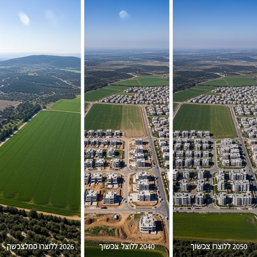 AI Design for A triptych documenting the progressive reduction of a fertile agricultural field in Israel across the years 2026, 2040, and 2050 — Three equal vertical panels arranged side-by-side in a horizontal layout, featuring a consistent high-angle drone perspective to highlight the shifting land use. — Transitions from vibrant, lush greens in the first panel to dusty earth tones and gray concrete infrastructure in the subsequent panels. — Uniform, bright midday sun with clear skies to provide clinical clarity for a geographic study. — Photorealistic aerial photography with sharp details and a clean, documentary aesthetic for an educational presentation. — The green agricultural field must shrink progressively, being largest in 2026, reduced by half by encroaching houses in 2040, and appearing as a minimal remnant surrounded by urban development in 2050; the first panel must include the text "שדה בישראל בשנת 2026", the second panel "שדה בישראל בשנת 2040", and the third panel "שדה בשנת 2050"; keep text/logos/labels EXACTLY unchanged; no rewriting, redrawing, correcting, or adding any text. — A rural Israeli landscape with Mediterranean vegetation and rolling limestone hills in the distance.ike from each years the field get smaller and in the space without the field will be houses please write corcly at the titles