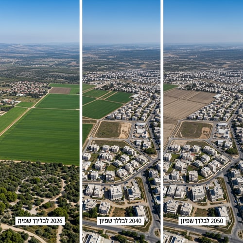 AI Design for A triptych documenting the progressive reduction of a fertile agricultural field in Israel across the years 2026, 2040, and 2050 — Three equal vertical panels arranged side-by-side in a horizontal layout, featuring a consistent high-angle drone perspective to highlight the shifting land use. — Transitions from vibrant, lush greens in the first panel to dusty earth tones and gray concrete infrastructure in the subsequent panels. — Uniform, bright midday sun with clear skies to provide clinical clarity for a geographic study. — Photorealistic aerial photography with sharp details and a clean, documentary aesthetic for an educational presentation. — The green agricultural field must shrink progressively, being largest in 2026, reduced by half by encroaching houses in 2040, and appearing as a minimal remnant surrounded by urban development in 2050; the first panel must include the text "שדה בישראל בשנת 2026", the second panel "שדה בישראל בשנת 2040", and the third panel "שדה בשנת 2050"; keep text/logos/labels EXACTLY unchanged; no rewriting, redrawing, correcting, or adding any text. — A rural Israeli landscape with Mediterranean vegetation and rolling limestone hills in the distance.ike from each years the field get smaller and in the space without the field will be houses please write corcly at the titles תכתוב שדהבישראלבשנת 2026