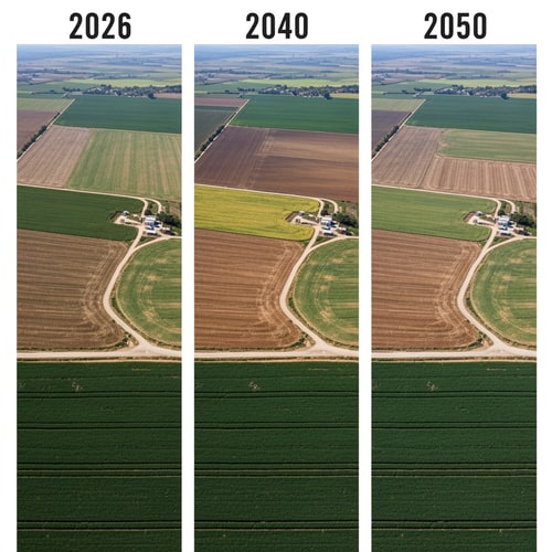 AI Design for A triptych showing the progressive reduction of an agricultural field in Israel across three different years: 2026, 2040, and 2050 — Three equal vertical panels arranged side-by-side in a horizontal layout, using a consistent high-angle drone perspective to highlight the shrinking surface area of the crops. — Vibrant greens for the expansive field in the first panel, transitioning to more earth tones and encroaching infrastructure in the subsequent panels. — Uniform, bright midday sun with clear skies to ensure the geographic changes are the primary focus. — Photorealistic aerial photography for an educational geography presentation. — The green field must be largest in 2026, אולי תחליף את השדה בבתיםmedium-sized in 2040, and smallest in 2050; the first panel must include the text "שדה בישראל בשנת 2026", the second panel "שדה בישראל בשנת 2040", and the third panel "שדה בשנת 2050"; keep text/logos/labels EXACTLY unchanged; no rewriting, redrawing, correcting, or adding any text. — A typical Israeli rural landscape featuring Mediterranean vegetation and rolling hills in the distance.