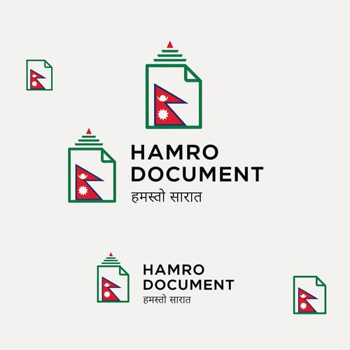 AI Design for Design a modern, minimal, and professional logo for a digital document service company named “Hamro Document”.

The logo should represent trust, accessibility, and local Nepali identity. “Hamro” means “ours”, so the brand should feel community-focused, reliable, and user-friendly.

Create a clean logo with a strong icon and wordmark combination.

Icon concept:
Design a simple document/paper icon with a folded corner. Integrate a subtle Nepali cultural element into the icon such as:

a minimal pagoda-style roof shape at the top of the document OR
a simple mountain line inside the document OR
a small triangular accent inspired by the Nepal flag

Keep the icon minimal, geometric, and scalable. Avoid complex or detailed illustrations.

Typography:
Use a clean, modern sans-serif font for “Hamro Document”.
Make “Hamro” slightly more prominent than “Document”.
Optionally include a small Nepali text “हाम्रो डकुमेन्ट” below or beside the main text in a subtle and readable style.

Color style:
Use a green and white theme as primary colors:

Primary: Deep green (trust, growth)
Secondary: White
Accent: small red highlight inspired by Nepal flag

Keep colors minimal (2–3 colors max). Ensure the logo also works in black and white.

Style:

Minimal and modern
Flat design (no heavy gradients)
Clean spacing and balanced layout
Slightly friendly but still professional (not too corporate, not too playful)

Layout variations:
Create multiple versions:

Horizontal logo (icon left, text right)
Stacked logo (icon top, text below)
Icon-only version (for app/favicon)

Make sure the design is scalable and works well for:

Mobile apps
Web platforms
Official document branding

Avoid:

Overly decorative Nepali patterns
Complex illustrations
Too many colors
Hard-to-read fonts

The final result should feel like a trustworthy Nepali digital service brand, similar to a modern SaaS platform but with a subtle local identity.