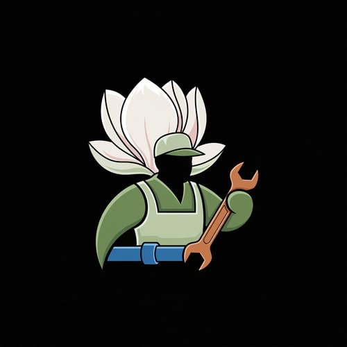 AI Design for Design a clean, memorable logo featuring a stylized plumber figure formed from a magnolia flower. The magnolia petals should subtly shape the silhouette of the character, with smooth, simplified lines suitable for branding. Integrate plumbing elements like a wrench, pipe, or valve into the design in a minimal, cohesive way—either as part of the figure or cleverly hidden within the petals.

Use a balanced, vector-style aesthetic with strong line work and clear negative space. Keep details simplified for scalability across print and digital use. Color palette should be limited and professional—soft whites, muted greens, and metallic copper or blue accents. The overall feel should blend natural elegance (from the magnolia) with reliability and craftsmanship (from plumbing).

The logo should work well in monochrome and be adaptable for light and dark backgrounds. Centered composition, modern, slightly bold, and easily recognizable at small sizes.