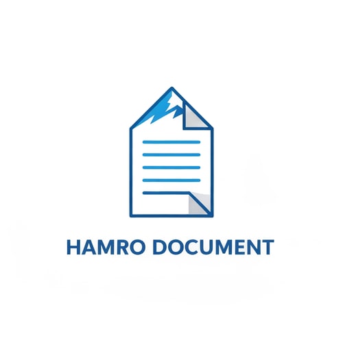 AI Design for A minimalist, clean vector logo for a SaaS project called 'Hamro Document'. The central icon is a clean, modern blue and white paper document symbol. The top folded edge of the document subtly forms the sharp, iconic shape of a Himalayan mountain peak. Below the icon, the text 'Hamro Document' is displayed in a strong, modern sans-serif typeface, using a corporate blue color. The overall style is trustworthy, modern, and professional.