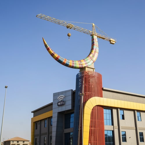 AI Design for Aweil Social Center with crescent crane in colors and wifi embem