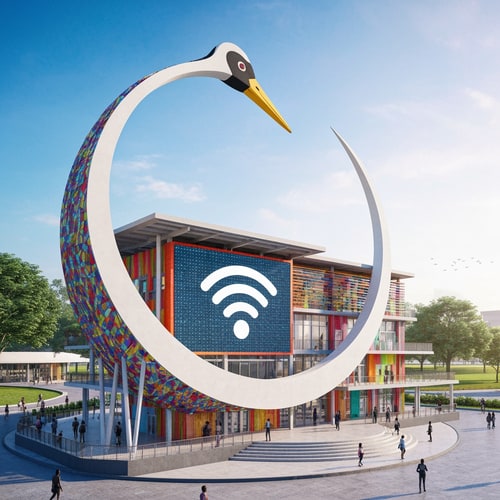 AI Design for Aweil Social Center with crescent crane head in colors and wifi embem