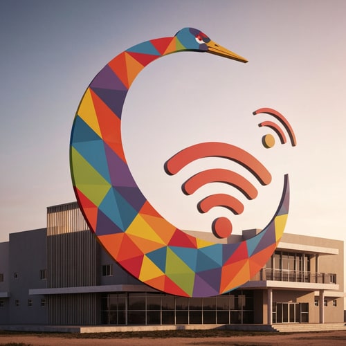 AI Design for Aweil Social Center with crescent crane head in colors and wifi embem