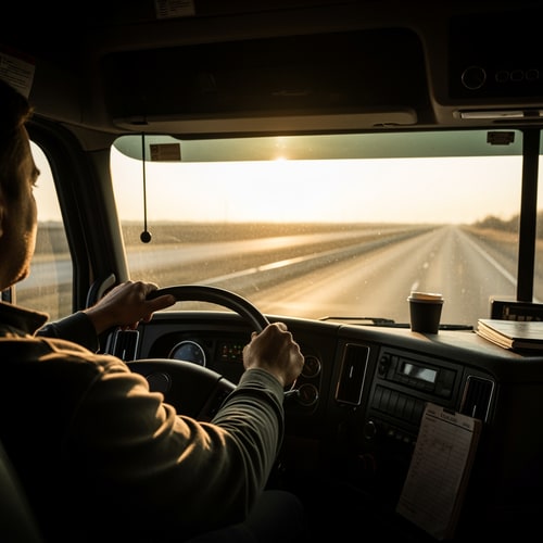 AI Design for photorealistic, documentary style, natural lighting, real people, not staged, no stock photo look, cinematic, slightly grainy, shallow depth of field, authentic, emotional, no illustration, no cartoon. a professional truck driver driving a semi truck on an open highway at sunrise, warm golden light entering the cabin, realistic environment, hands on steering wheel, road stretching ahead, cinematic composition, sense of purpose and importance, USA trucking atmosphere, natural lighting, documentary photography style