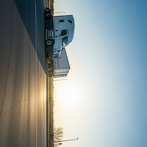AI Design for wide cinematic shot of a semi truck parked alone at a roadside rest stop during early morning, vast open landscape, long empty road, soft natural light, calm and slightly melancholic mood, realistic USA trucking environment, no people in focus or very small human presence, documentary photography style, not staged, authentic atmosphere, mobile app onboarding background, vertical composition (9:16), top-focused subject, large clean space in lower half for text overlay, soft gradient from bottom for readability, minimal distractions, UI-friendly composition, consistent color grading, natural tones, slightly grainy texture, realistic imperfections, no stock photo look