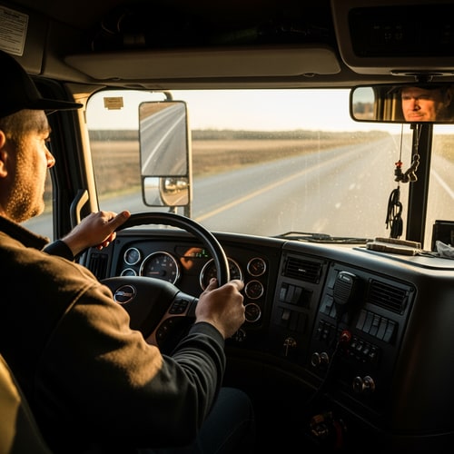 AI Design for photorealistic, documentary style, natural lighting, real people, not staged, no stock photo look, cinematic, slightly grainy, shallow depth of field, authentic, emotional, no illustration, no cartoon. a professional truck driver driving a semi truck on an open highway at sunrise, warm golden light entering the cabin, realistic environment, hands on steering wheel, road stretching ahead, cinematic composition, sense of purpose and importance, USA trucking atmosphere, natural lighting, documentary photography style