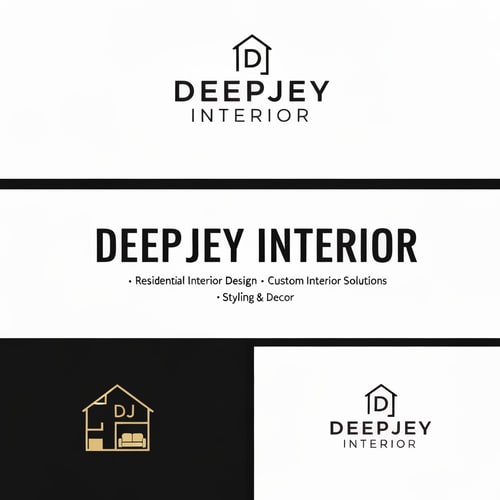 AI Design for Design a premium, modern, and minimalistic logo for an interior design company named "DEEPJEY INTERIOR".

The company specializes in:
- Residential Interior Design
- Commercial Spaces
- Custom Interior Solutions
- Styling & Decor

Reference Brand Inspiration:
Take inspiration from the logo styles and branding of leading interior platforms such as:
- HomeLane (clean, bold, minimal typography)
- Livspace (modern, rounded, friendly yet professional look)
- Design Cafe (simple, geometric, structured design feel)
- Houzz (strong, recognizable, minimal icon-based branding)
- Wooden Street (combination of furniture + interior identity)

Logo Style Requirements:
- Clean, minimal, and professional design
- Strong brand identity with a modern architectural feel
- Primarily text-based logo with a subtle icon
- Balanced between creativity and corporate professionalism

Icon Concept Ideas (keep it simple and meaningful):
- Abstract house / room structure
- Floor plan or grid-based geometric layout
- Interior elements (sofa, wall frame, modular shapes)
- Monogram-based icon using "D", "DI", or "DJ" integrated into spatial design
- Use negative space creatively to represent interiors or rooms

Design Feel:
- Premium, elegant, and trustworthy
- Modern architectural and spatial design vibe
- Suitable for both high-end and mid-range clients
- Clean and visually balanced (not flashy or cluttered)

Color Palette:
- Primary: Black, Dark Grey, or Deep Blue
- Accent: Gold, Beige, or warm wood tones
- Optional: White background for clean presentation

Typography:
- Modern sans-serif font
- Slightly bold, clean, and highly readable
- Well-spaced letters for a premium feel
- Avoid decorative or script fonts

Layout Variations:
- Horizontal (icon + text)
- Vertical (icon above text)
- Monogram version (DI or DJ symbol only)

Additional Guidelines:
- Minimalistic and scalable design
- Works across website, mobile, social media, visiting cards, and hoardings
- Avoid gradients, overly complex shapes, or excessive details
- Focus on geometric balance and negative space

Mood Keywords:
Modern, Minimal, Elegant, Architectural, Spatial, Premium, Clean, Smart, Structured Design

Deliverables:
- Full logo (icon + text)
- Icon-only version
- Black & white version
- Transparent background version