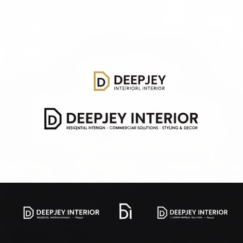 AI Design for Design a premium, modern, and minimalistic logo for an interior design company named "DEEPJEY INTERIOR".

The company specializes in:
- Residential Interior Design
- Commercial Spaces
- Custom Interior Solutions
- Styling & Decor

Logo Style Requirements:
- Follow a clean, minimal, and professional style inspired by top interior brands like HomeLane, Livspace, Design Cafe, and Houzz
- Use a modern sans-serif font with a sleek, elegant feel
- The logo should be primarily text-based with a subtle, meaningful icon

Icon Concept Ideas (integrate subtly, not overly complex):
- Abstract house or room structure
- Geometric layout (floor plan / grid concept)
- Interior elements like sofa, wall frame, or modular space
- Letter-based icon using "D" or "DI" shaped like a space or structure

Design Feel:
- Premium, trustworthy, and sophisticated
- Should appeal to both middle-class and high-end clients
- Balanced between corporate and creative

Color Palette:
- Primary: Black / Dark Grey / Deep Blue (for professionalism)
- Accent: Gold / Beige / Warm Wood tone (for luxury feel)
- Optional: White background for clean presentation

Layout Variations:
- Horizontal logo (icon + text)
- Stacked version (icon above text)
- Monogram version (DI or DJ symbol)

Typography:
- Clean, modern, slightly bold sans-serif
- High readability, elegant spacing
- Avoid overly decorative fonts

Additional Guidelines:
- Keep the design simple and scalable (usable for website, mobile, visiting cards, and hoardings)
- Avoid clutter, gradients, or overly complex illustrations
- Focus on negative space and geometric balance

Mood Keywords:
Modern, Elegant, Minimal, Architectural, Spatial, Premium, Clean, Smart Design

Deliverables:
- Logo with icon + text
- Icon-only version
- Black & white version
- Transparent background version