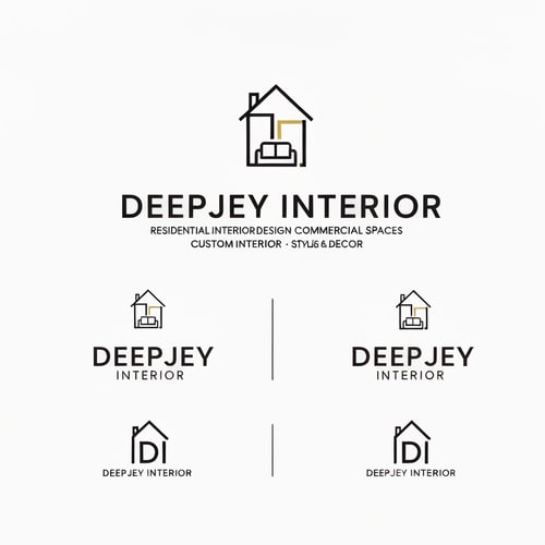 AI Design for Design a premium, modern, and minimalistic logo for an interior design company named "DEEPJEY INTERIOR".

The company specializes in:
- Residential Interior Design
- Commercial Spaces
- Custom Interior Solutions
- Styling & Decor

Logo Style Requirements:
- Follow a clean, minimal, and professional style inspired by top interior brands like HomeLane, Livspace, Design Cafe, and Houzz
- Use a modern sans-serif font with a sleek, elegant feel
- The logo should be primarily text-based with a subtle, meaningful icon

Icon Concept Ideas (integrate subtly, not overly complex):
- Abstract house or room structure
- Geometric layout (floor plan / grid concept)
- Interior elements like sofa, wall frame, or modular space
- Letter-based icon using "D" or "DI" shaped like a space or structure

Design Feel:
- Premium, trustworthy, and sophisticated
- Should appeal to both middle-class and high-end clients
- Balanced between corporate and creative

Color Palette:
- Primary: Black / Dark Grey / Deep Blue (for professionalism)
- Accent: Gold / Beige / Warm Wood tone (for luxury feel)
- Optional: White background for clean presentation

Layout Variations:
- Horizontal logo (icon + text)
- Stacked version (icon above text)
- Monogram version (DI or DJ symbol)

Typography:
- Clean, modern, slightly bold sans-serif
- High readability, elegant spacing
- Avoid overly decorative fonts

Additional Guidelines:
- Keep the design simple and scalable (usable for website, mobile, visiting cards, and hoardings)
- Avoid clutter, gradients, or overly complex illustrations
- Focus on negative space and geometric balance

Mood Keywords:
Modern, Elegant, Minimal, Architectural, Spatial, Premium, Clean, Smart Design

Deliverables:
- Logo with icon + text
- Icon-only version
- Black & white version
- Transparent background version