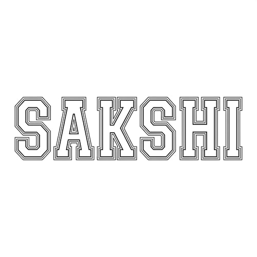 AI Design for i need u to generate the same for the word SAKSHI
the whole word in a single like
keep the font type the same as the image provided
white font color
wid 2 consecutive borders
with black inside borderline
and white outside borderline