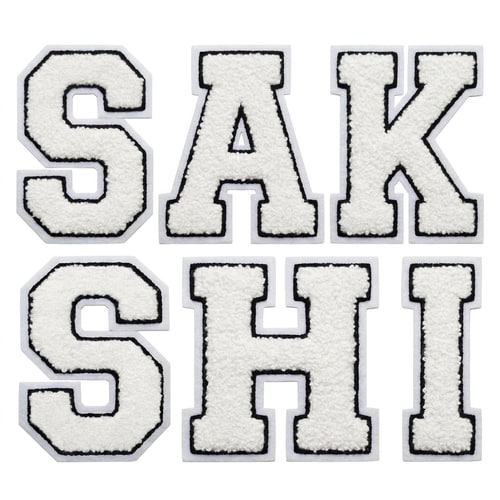 AI Design for i need u to generate the same for the word SAKSHI
in this font n wool type patch
keep the font type the same as the image provided
white font color
wid 2 consecutive borders
with black inside borderline
and white outside borderline