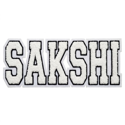 AI Design for i need u to generate the same for the word SAKSHI
in this font n wool type patch
the whole word in a single like
keep the font type the same as the image provided
white font color
wid 2 consecutive borders
with black inside borderline
and white outside borderline