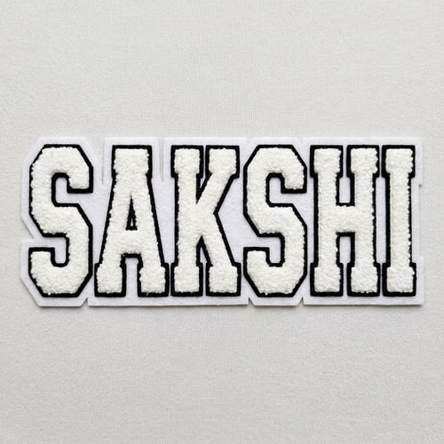 AI Design for i need u to generate the same for the word SAKSHI
in this font n wool type patch
the whole word in a single like
keep the font type the same as the image provided
white font color
wid 2 consecutive borders
with black inside borderline
and white outside borderline