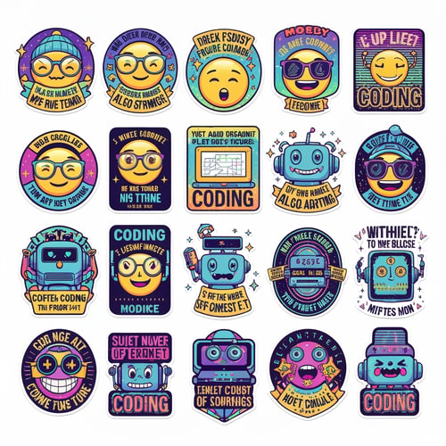 AI Design for coding related stickers unique fun catchy wid some text