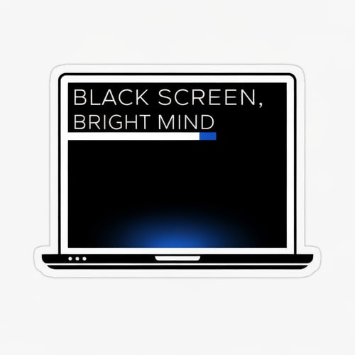 AI Design for Minimal aesthetic coding sticker design with the text "Black Screen, Bright Mind". Dark mode inspired design, sleek black laptop outline with subtle glowing screen, Clean typography, modern sans serif font, minimal layout, die-cut sticker style, black white and electric blue color palette, trendy coder aesthetic, uncluttered design.