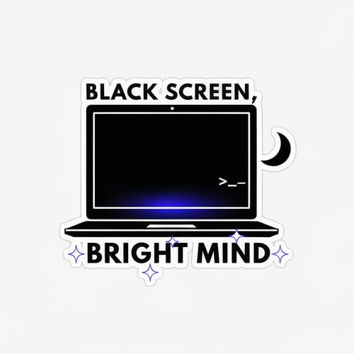 AI Design for Minimal aesthetic coding sticker design with the text "Black Screen, Bright Mind". Dark mode inspired design, sleek black laptop outline with subtle glowing screen, tiny terminal cursor >_ near the laptop, soft white/blue sparkles around the words "Bright Mind", small crescent moon in one corner for late-night coding vibe. Clean typography, modern sans serif font, minimal layout, die-cut sticker style, black white and electric blue color palette, trendy coder aesthetic, uncluttered design.