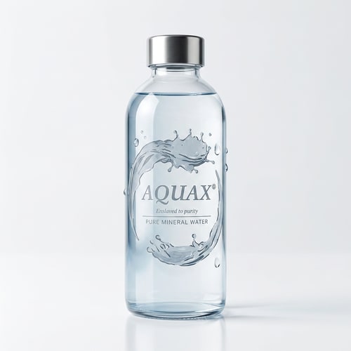 AI Design for "A minimalist, high-end studio product photography shot of a sleek glass water bottle with the AQUAX logo etched on the front, soft natural lighting, elegant aesthetic, clean white background."