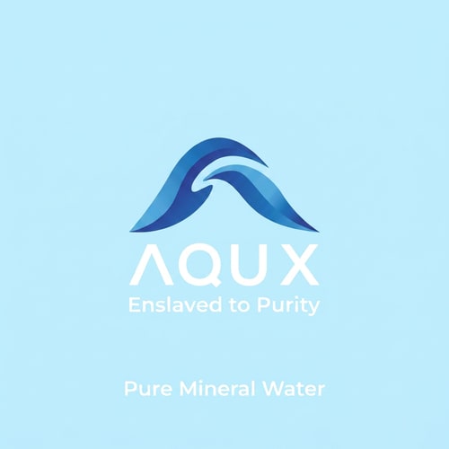 AI Design for can u write "AQUAX" in plsce of "AQUA" and in white colorAND "Enslaved to Purity" in place of "Slogan here" and 2nd picture shoulb be usde as a background color and remove below another logo of it and instead of that write "Pure Mineral water" in straight line and in white color