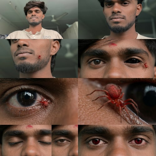 AI Design for A young South Indian man stands still, facing the camera with a neutral, calm expression.
The camera begins in a medium shot, slowly pushing in with subtle handheld instability, including natural micro-jitters, slight breathing motion, and organic human sway — no artificial smoothness.
Suddenly, an imperfect action zoom with slight shake and motion blur snaps to the lower side of his jaw.
A tiny, realistic red spider (smaller than a fingernail, accurate scale) is revealec crawling on his skin, with natural leg articulation
and believable contact with skin texture.
'he camera then slightly pulls back with handheld drift, including minor focu breathing and lens imperfection, as the spider crawls upward along his cheek
toward his eye, maintaining consistent scale and realistic interaction with pores and fine facial hair.
The shot transitions into a tight close-up of his face, framing both eves. ubtle tension bullas througn micro carnera snake ana Slight traming instabilit s the spider reaches the outer corner (left edge) of his right eye, the entire ey gradually turns completely black — including both iris
and sclera — with a smooth, organic transition.
ne man remains still, with only very slight facial strain and controlled breathin Cut to an extreme macro shot where both eyes dominate the frame.
The spider slowly crawls across the moist edge of the eye, with realistic reflections, tear film,
surface tension visible.
shot includes macro lens imperfections, shallow depth of field, slight jitter, a breathing focus shifts for realism.
• camera then pushes further into an extreme macro of the spider, revealing f extures, hair, and movement, with tiny handheld tremors and organic motior The spider carefully crawls into the corner of the eye, entering smoothly and naturally, non-gory and grounded in realism.
Immediately after, the man slowly closes his eyes, pauses briefly. When he opens them again:
The sclera returns to normal (white)
Only the iris changes color, becoming a deep red
The iris emits a subtle internal glow, not exaggerated, maintaining realism
Final frame holds on his eyes with minimal movement, shallow depth of field, and natural lighting
, creating a grounded yet unsettling cinematic effect.