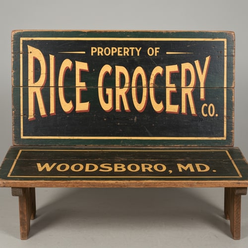 AI Design for A vintage wooden bench designed like an old general store advertising sign, viewed straight from the front (perfect frontal view, no perspective distortion). The top surface is flat and clearly visible like a signboard. It has hand-painted, slightly worn lettering in a classic 19th-century style. The main text reads “Rice Grocery Co.” in large, bold, warm yellow and red lettering. Above it in smaller text: “Property of”. Below it: “Woodsboro, MD.” The wood is aged, slightly weathered with visible grain and subtle paint wear. Colors are dark green, black, and rustic tones. The bench has simple wooden legs visible underneath. Lighting is soft and natural, background neutral and unobtrusive.