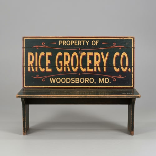 AI Design for A vintage wooden bench designed as an old general store advertising sign, perfectly front-facing (orthographic view, no perspective distortion). The bench looks symmetrical and centered. The top panel is clearly visible like a flat sign. Hand-painted vintage typography reads: “PROPERTY OF” (small, top), “RICE GROCERY CO.” (large, bold centerpiece in warm yellow/orange with red shading), and “WOODSBORO, MD.” (smaller below). The wood is aged and slightly worn with visible grain and distressed paint. Colors include dark green, black, and rustic tones. The bench legs are simple and visible beneath. Studio lighting, neutral background, highly detailed, realistic texture, no angle, straight-on view.
A vintage wooden bench designed like an old general store advertising sign, viewed straight from the front (perfect frontal view, no perspective distortion). The top surface is flat and clearly visible like a signboard. It has hand-painted, slightly worn lettering in a classic 19th-century style. The main text reads “Rice Grocery Co.” in large, bold, warm yellow and red lettering. Above it in smaller text: “Property of”. Below it: “Woodsboro, MD.” The wood is aged, slightly weathered with visible grain and subtle paint wear. Colors are dark green, black, and rustic tones. The bench has simple wooden legs visible underneath. Lighting is soft and natural, background neutral and unobtrusive.