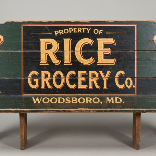 AI Design for A vintage wooden bench designed like an old general store advertising sign, viewed straight from the front (perfect frontal view, no perspective distortion). The top surface is flat and clearly visible like a signboard. It has hand-painted, slightly worn lettering in a classic 19th-century style. The main text reads “Rice Grocery Co.” in large, bold, warm yellow and red lettering. Above it in smaller text: “Property of”. Below it: “Woodsboro, MD.” The wood is aged, slightly weathered with visible grain and subtle paint wear. Colors are dark green, black, and rustic tones. The bench has simple wooden legs visible underneath. Lighting is soft and natural, background neutral and unobtrusive.