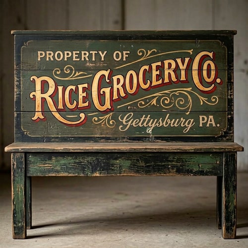 AI Design for A vintage wooden bench designed like an old general store advertising sign, viewed straight from the front (perfect frontal view, no perspective distortion). The top surface is flat and clearly visible like a signboard. It has hand-painted, slightly worn lettering in a classic 19th-century style. The main text reads “Rice Grocery Co.” in large, bold, warm yellow and red lettering. Above it in smaller text: “Property of”. Below it: “Woodsboro, MD.” The wood is aged, slightly weathered with visible grain and subtle paint wear. Colors are dark green, black, and rustic tones. The bench has simple wooden legs visible underneath. Lighting is soft and natural, background neutral and unobtrusive.
