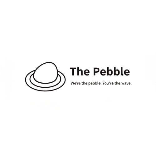 AI Design for Minimalist logo for a web & AI agency called "The Pebble". Icon: a smooth oval/pebble shape with 2-3 concentric elliptical ripple rings around it, like a stone dropped in water. Black and white only. Clean, modern, flat design. No gradients. Wordmark "The Pebble" in a sleek sans-serif font next to the icon. Tagline below: "We're the pebble. You're the wave." Minimal whitespace, professional agency feel. be a little spontaneous