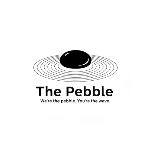 AI Design for Minimal logo for "The Pebble" — a single smooth dark pebble stone, slightly asymmetric like a real river stone, casting ultra-thin concentric ripple rings that fade outward. Black on white. No text in the icon. Negative space plays a role. The pebble itself is solid black, ripples are hairline thin. Almost Japanese ink-art feeling — quiet, precise, intentional. Sans-serif wordmark "The Pebble" in thin weight, wide letter-spacing. Tagline in tiny caps: "We're the pebble. You're the wave."