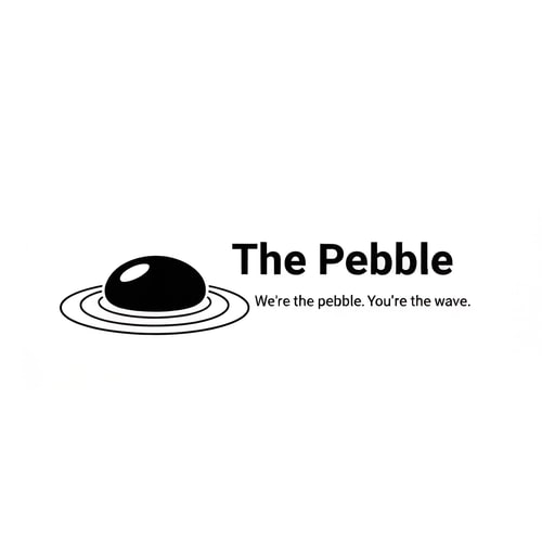 AI Design for Minimalist logo for a web & AI agency called "The Pebble". Icon: a smooth oval/pebble shape with 2-3 concentric elliptical ripple rings around it, like a stone dropped in water. Black and white only. Clean, modern, flat design. No gradients. Wordmark "The Pebble" in a sleek sans-serif font next to the icon. Tagline below: "We're the pebble. You're the wave." Minimal whitespace, professional agency feel. be a little spontaneous